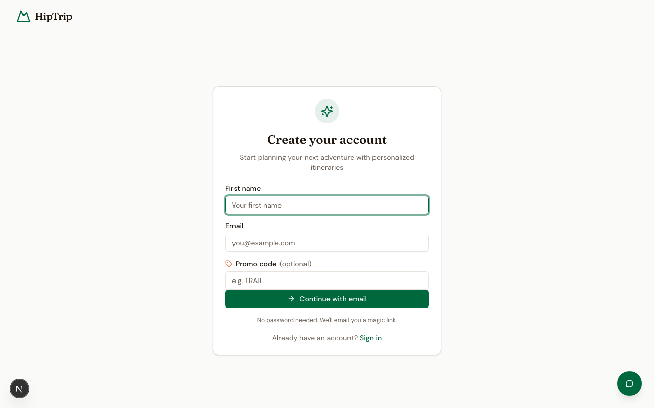 Sign up page